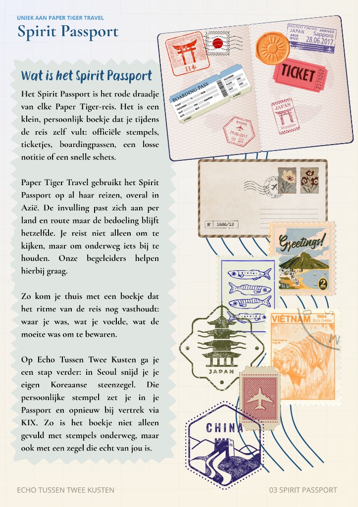 Pagina ‘Spirit Passport’: een tekstkader met gekartelde rand naast een collage van een opengeslagen paspoort, een envelop en postzegels en stempels uit Japan, Vietnam en China.
