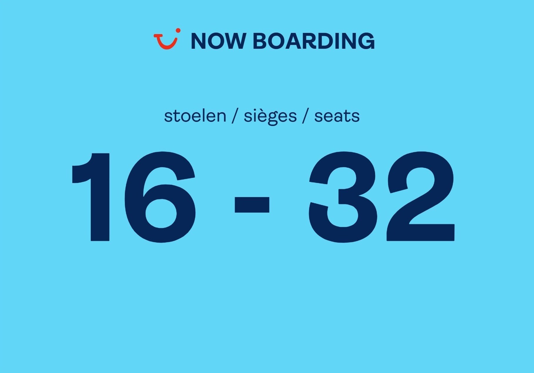 Boarding card ‘Now Boarding — stoelen / sièges / seats 16 - 32’.