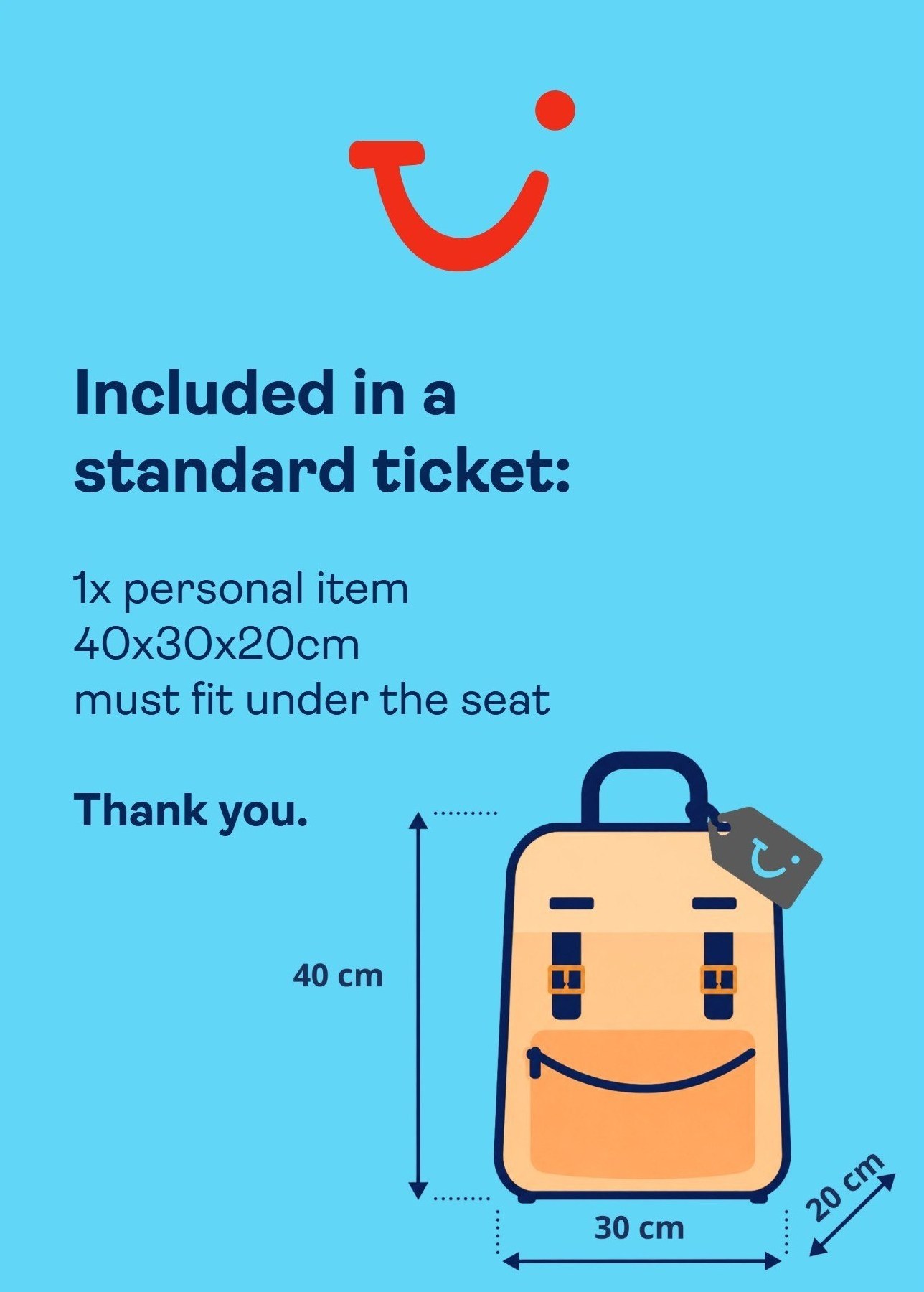 Tensatopper ‘Included in a standard ticket: 1x personal item 40x30x20cm must fit under the seat’ met een rugzak met maataanduidingen.