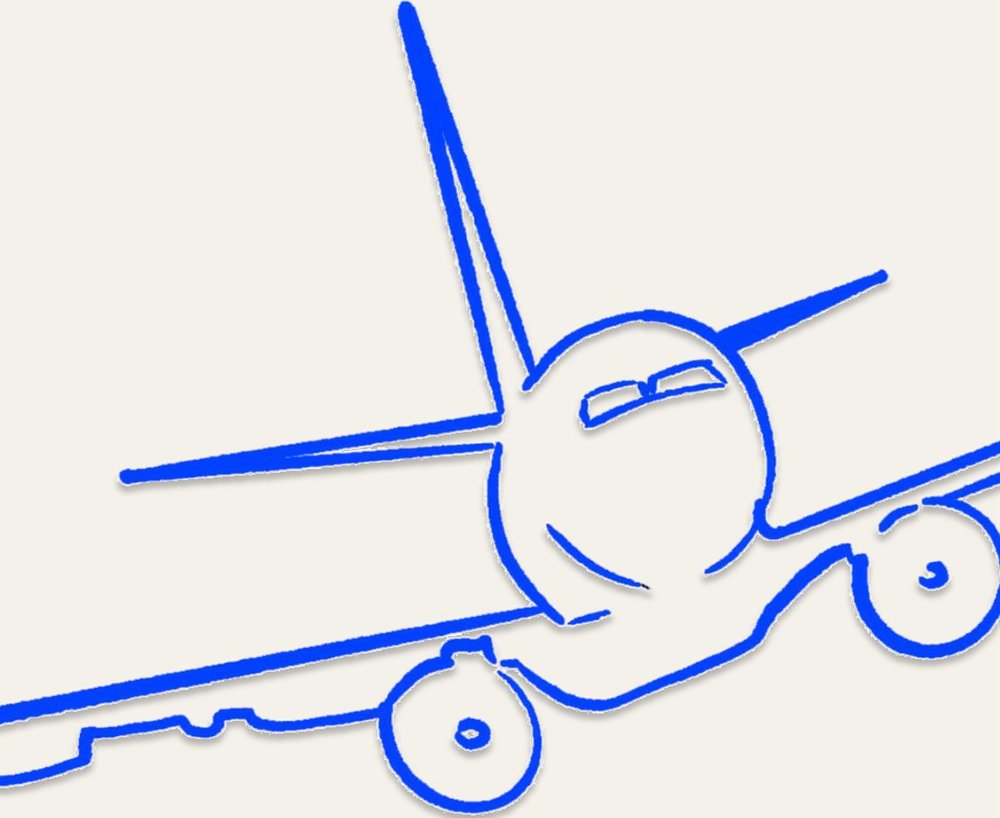 Detail: de blauwe lijntekening van het vliegtuig, van voren gezien, met twee motoren en de staart omhoog.